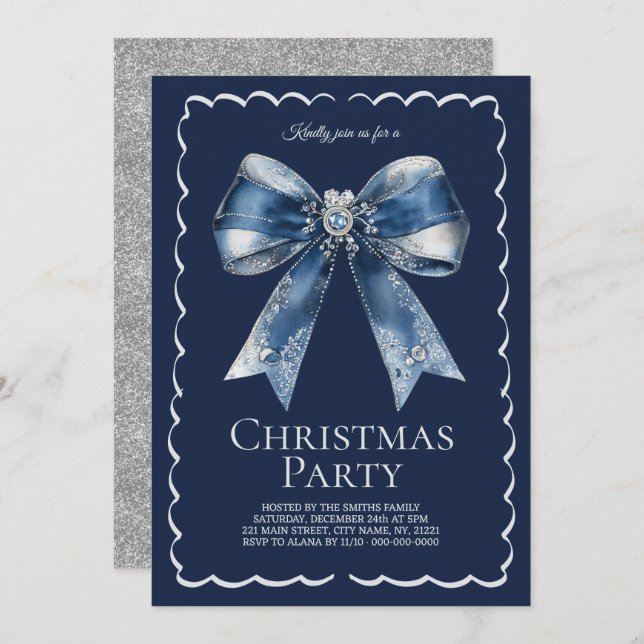 Invitación Elegante Purpurina XL Bow Blue Silver Fiesta (Anverso / Reverso)