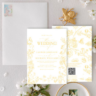 Invitación Elegante QR Code Gold Chinoiserie Boda Floral