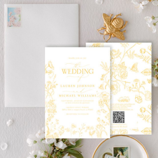 Invitación Elegante QR Code Gold Chinoiserie Boda Floral (Subido por el creador)