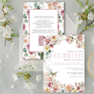 Invitación Elegante QR Vintage Rubor Floral Rosa 18º