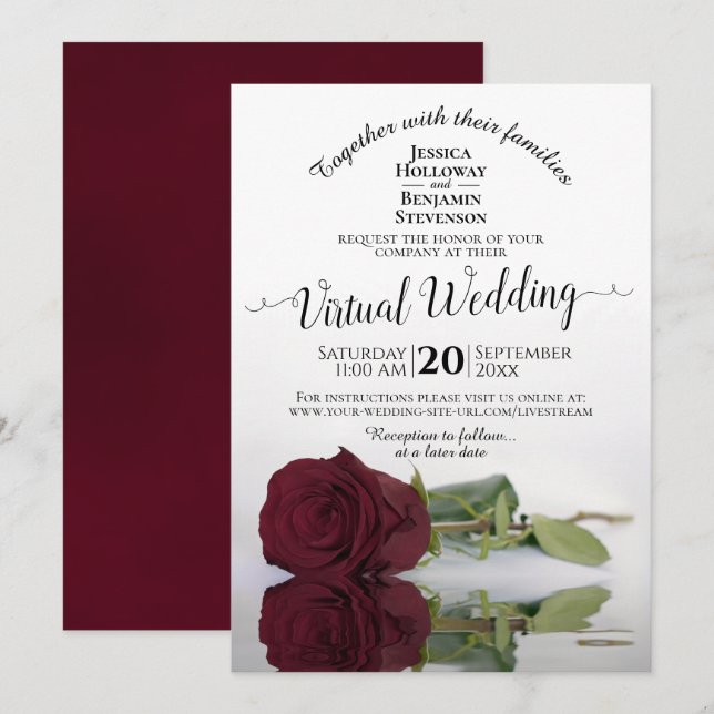 Invitación Elegante que refleja al Rosa de Borgoña Boda virtu (Anverso / Reverso)