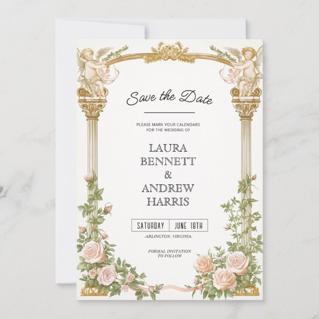 Invitación Elegante Querubín Floral Salva la Fecha (Anverso)