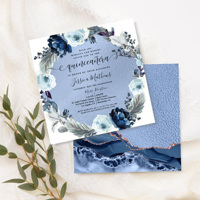 Invitación Elegante Quinceañera Azul, Floral, Relieve metaliz (Subido por el creador)
