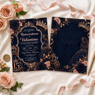 Invitación Elegante Quinceañera Azul Marino con Brillo de Oro