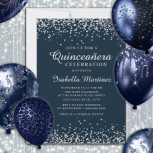 Invitación Elegante Quinceañera Azul Marino con Confeti de Pl