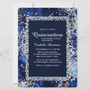 Invitación Elegante Quinceañera Azul Marino Dorado Plata Bril