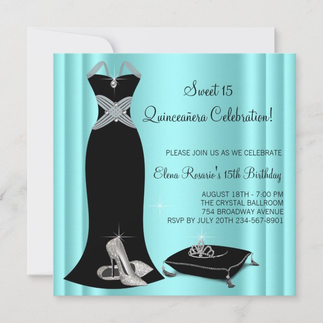 Invitación Elegante Quinceanera azul negro y Verde azulado (Anverso)