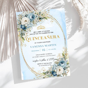 Invitación Elegante Quinceañera Azul Pastel Oro
