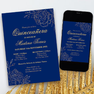 Invitación Elegante Quinceañera Azul Real Dorado Floral Sketc