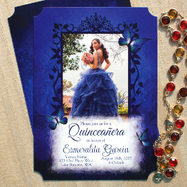 Invitación Elegante Quinceanera Azul Real, marco fotográfico