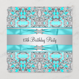 Invitación Elegante Quinceañera Azul Teal Plateado
