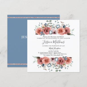 Invitación Elegante Quinceanera, azul turbio y floral Rubor