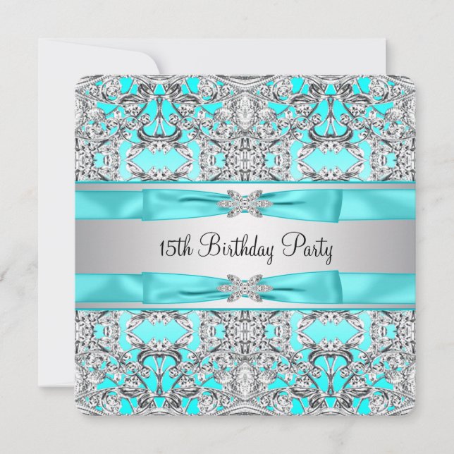 Invitación Elegante Quinceanera azul Verde azulado plateado (Anverso)