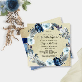 Invitación Elegante quinceañera azul y dorada, floral