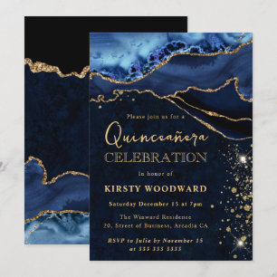 Invitación Elegante Quinceañera Azul y Dorado con Brillo de Á