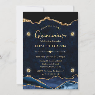 Invitación Elegante Quinceañera Azul y Dorado con Brillo de Á