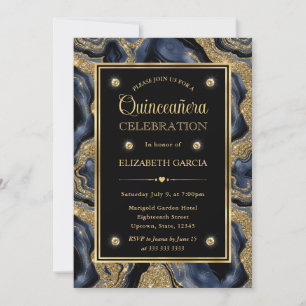 Invitación Elegante Quinceañera Azul y Dorado con Brillo de Á
