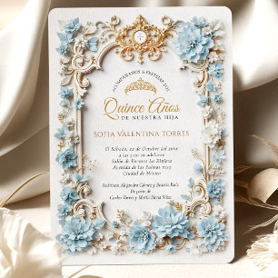Invitación Elegante Quinceañera Azul y Dorado Sweet 15 en Esp