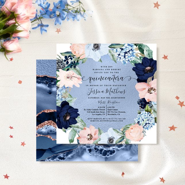 Invitación Elegante Quinceañera azul y rosa, floral (Subido por el creador)