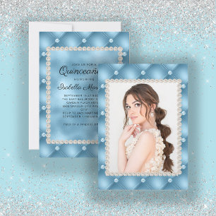 Invitación Elegante Quinceañera Bebé Azul Perlas Joyas Foto