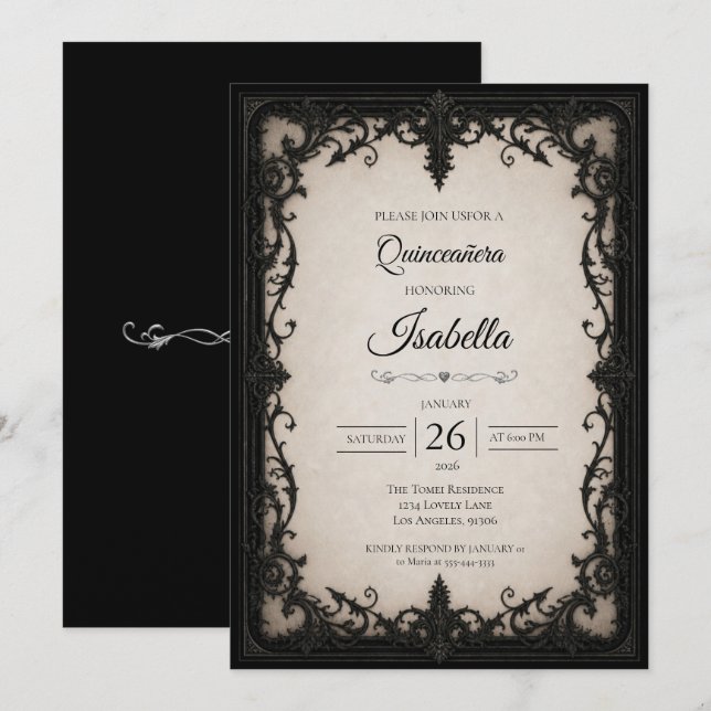 Invitación Elegante Quinceañera Blanco Negro (Anverso / Reverso)