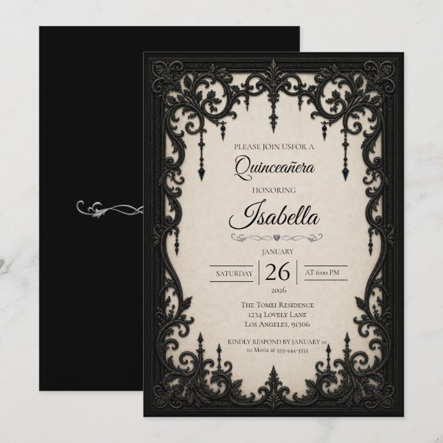 Invitación Elegante Quinceañera Blanco Negro (Anverso / Reverso)