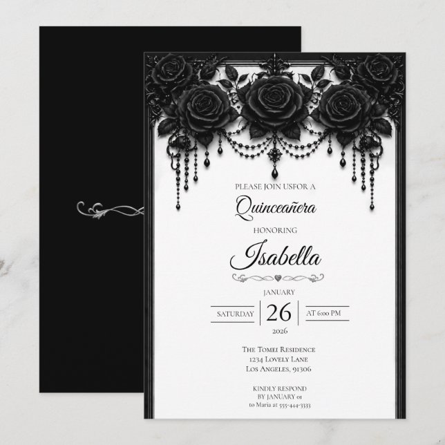 Invitación Elegante Quinceañera Blanco Negro (Anverso / Reverso)