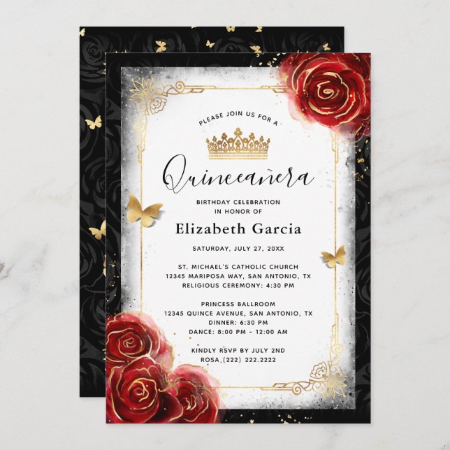 Invitación Elegante Quinceanera Blanco Negro y Rojo (Anverso / Reverso)