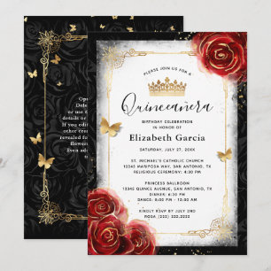 Invitación Elegante Quinceanera Blanco Negro y Rojo