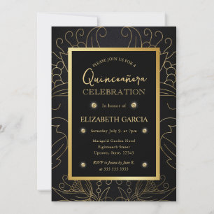 Invitación Elegante Quinceañera Botánico de Negro y Dorado