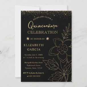 Invitación Elegante Quinceañera Botánico de Negro y Dorado
