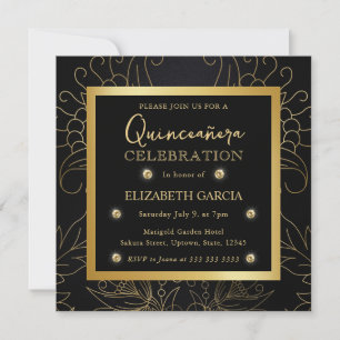 Invitación Elegante Quinceañera Botánico Negro y Dorado