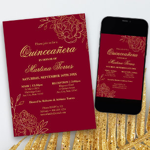 Invitación Elegante Quinceañera Burgundy Oro Floral Boceto