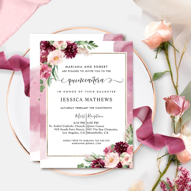 Invitación Elegante Quinceañera Burgundy Rubor Floral rosa (Subido por el creador)