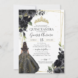 Invitación Elegante Quinceanera con acento de oro floral negr
