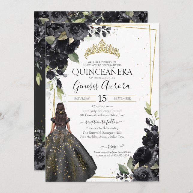 Invitación Elegante Quinceanera con acento de oro floral negr (Anverso / Reverso)