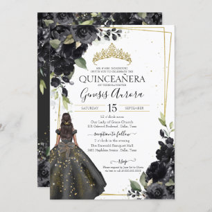Invitación Elegante Quinceanera con acento de oro floral negr