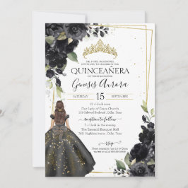 Invitación Elegante Quinceanera con acento de oro floral negr