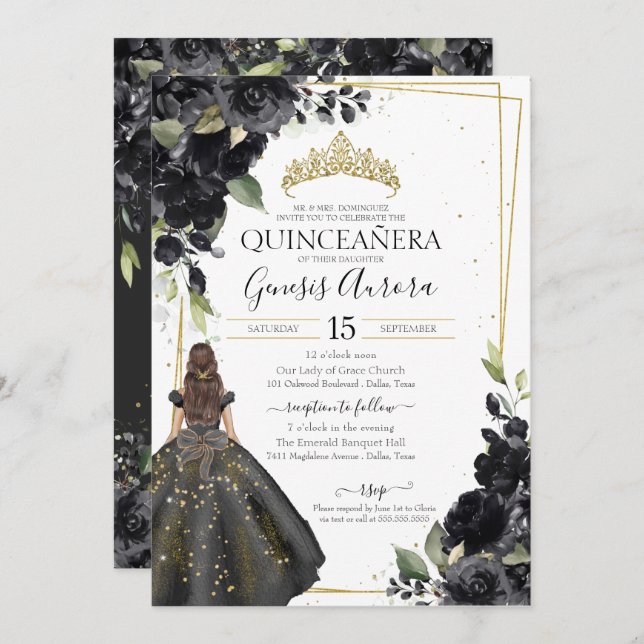Invitación Elegante Quinceanera con acento de oro floral negr (Anverso / Reverso)