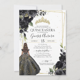 Invitación Elegante Quinceanera con acento de oro floral negr