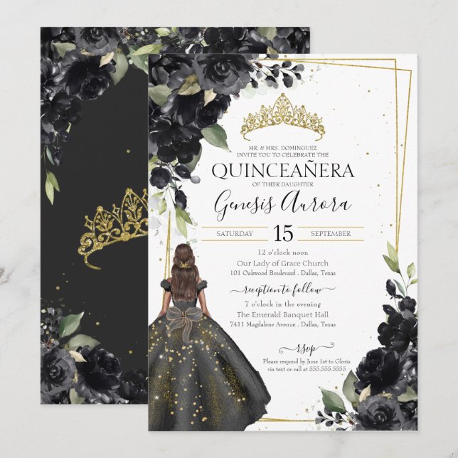 Invitación Elegante Quinceanera con acento de oro floral negr (Anverso / Reverso)