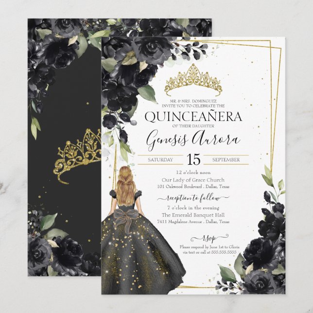 Invitación Elegante Quinceanera con acento de oro floral negr (Anverso / Reverso)