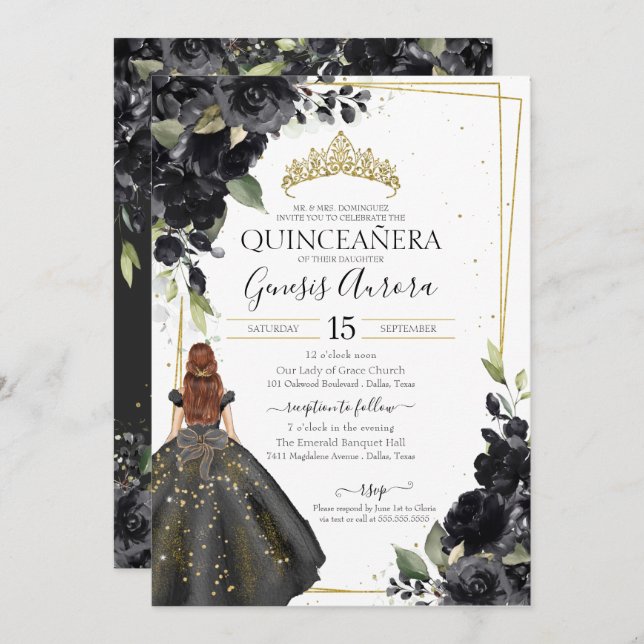 Invitación Elegante Quinceanera con acento de oro floral negr (Anverso / Reverso)