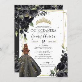 Invitación Elegante Quinceanera con acento de oro floral negr
