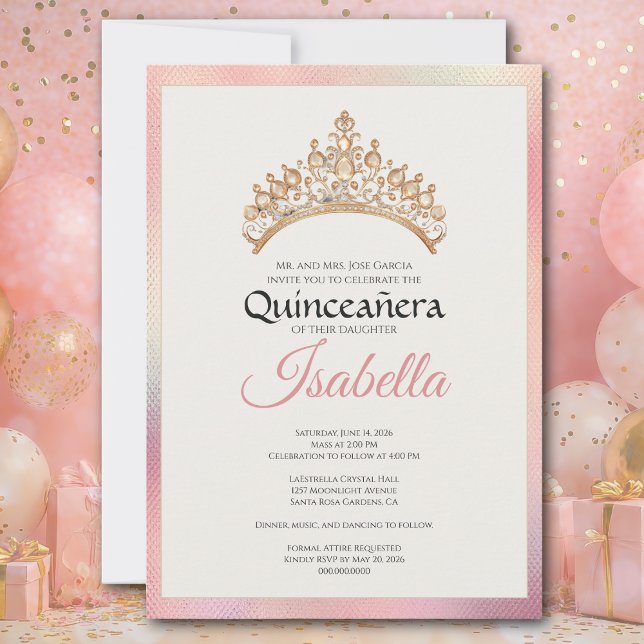 Invitación Elegante Quinceañera Cumpleaños 15 (15th Birthday Elegant Pink Quinceañera invitation. Celebrate a los quince años. Hermosa - beautiful)