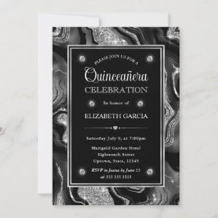 Invitación Elegante Quinceañera de Agata con Brillo Negro y P