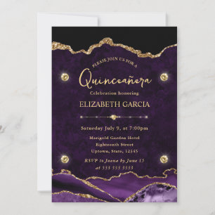 Invitación Elegante Quinceañera de Ágata Purpura y Dorado Bri