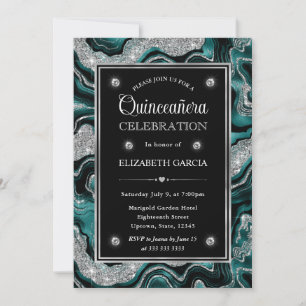 Invitación Elegante Quinceañera de Ágata Verde Azulada y Bril