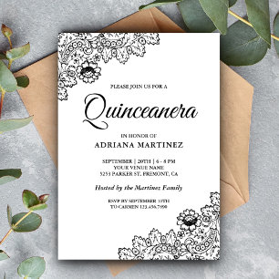 Invitación Elegante Quinceanera de encaje blanco y negro