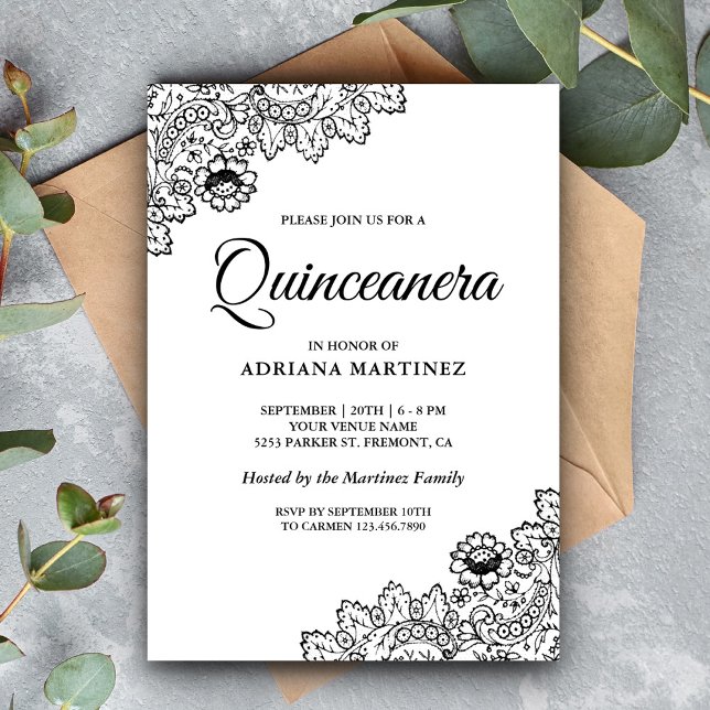 Invitación Elegante Quinceanera de encaje blanco y negro (Subido por el creador)